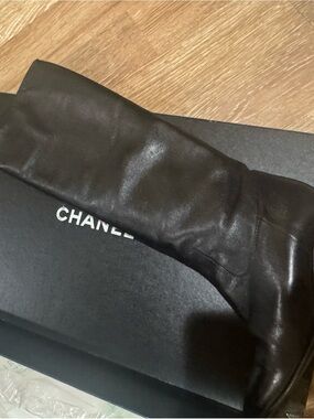 CHANEL Black Leather Tall Boot with Subtle Logo